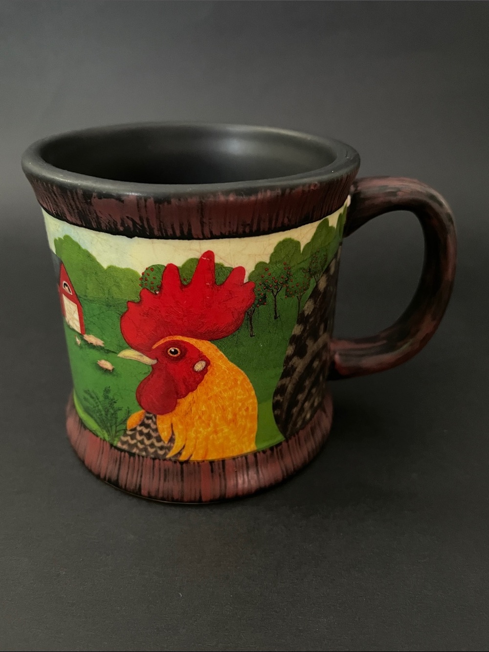 HALLMARK VALERIE PILLOW Folk Art Vintage Country Rooster Farm-Scene Ceramic Mug